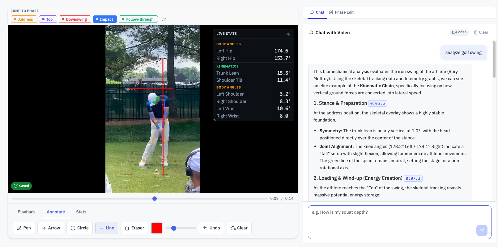Golf swing analysis workspace with video review, live stats, annotations, and AI coaching chat