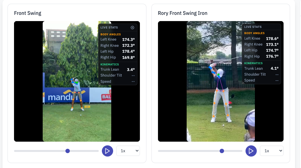 Golf swing comparison workspace showing two swings side by side with live stats
