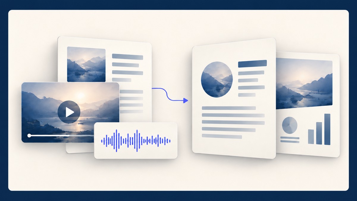 Conceptual illustration of video, audio and documents flowing into reports and presentations